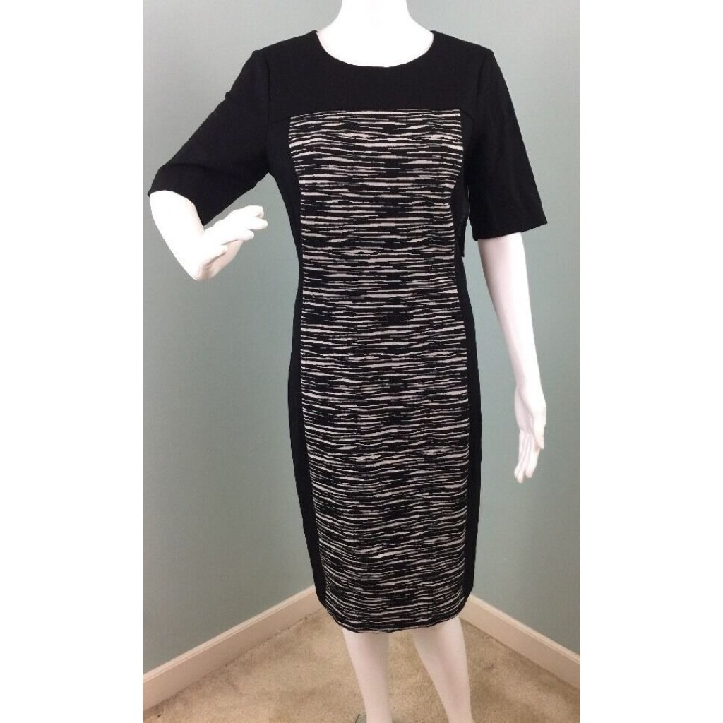 Nwt Women's Dkny Black Panel Space Dye Print Short Sleeve Sheath Dress Sz 12
